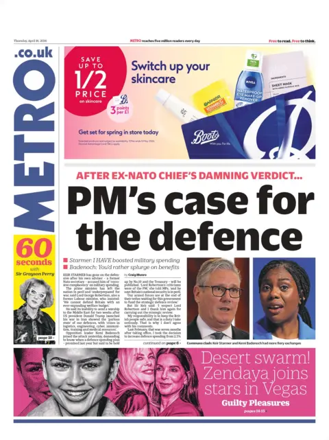 PM's case for the defence," reads the headline on the front page of the Metro.