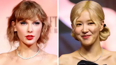 Taylor Swift and Rose from Blackpink seen in a side-by-side composite image