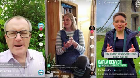Collage image showing three screenshots from TikTok videos. Left to right, Charles Hansard, Abi McGure, Carla Denyer.