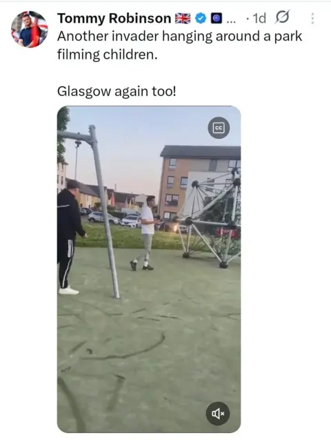 A grab of an X post by Tommy Robinson. The image shows a man in a children's playpark and Robinson comments "Another invader hanging around a Glasgow park - Glasgow again"