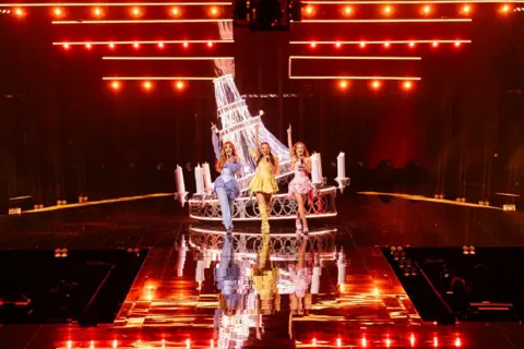 Corinne Cumming / EBU Remember Monday point to the sky as they play at the Eurovision semi-final in Basel