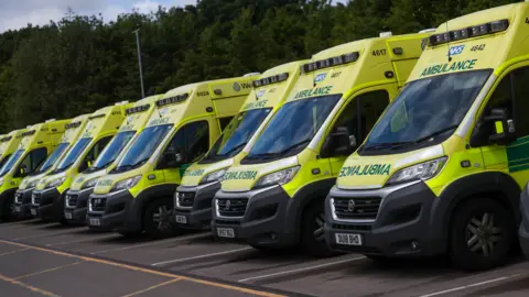 Getty Images A row of nine ambulances in a car park