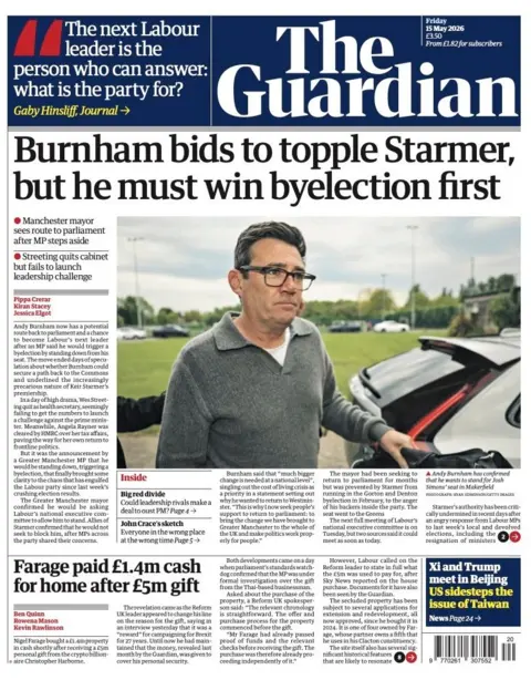 The headline on the front page of the Guardian reads: “Burnham bids to topple Starmer, but he must win byelection first”.