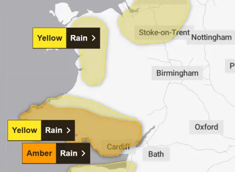 Met Office A weather map of all the areas affected across Wales