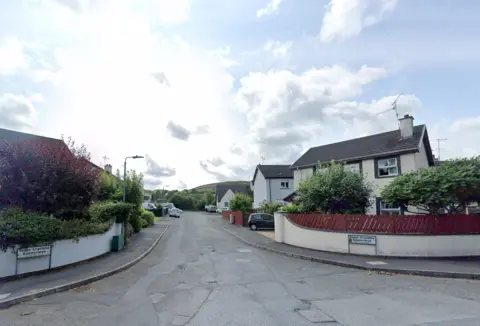 A screengrab of a Google Maps view of Edencreive housing estate in Newry.  There are two-story detached houses with walled gardens on either side of the entrance to the estate.