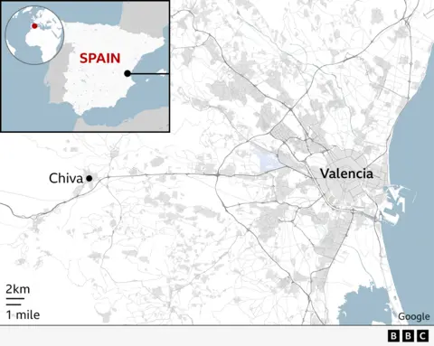 Map of Spain with Valencia and Chiva highlighted