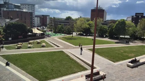 grassy square with pathways surrounded by some tall buildings