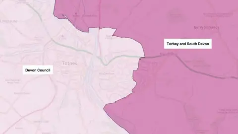 Devon County Council A map of the new boundary shows how a section of Totnes will be in Torbay and South Devon while most of the town will be in the Devon Council area