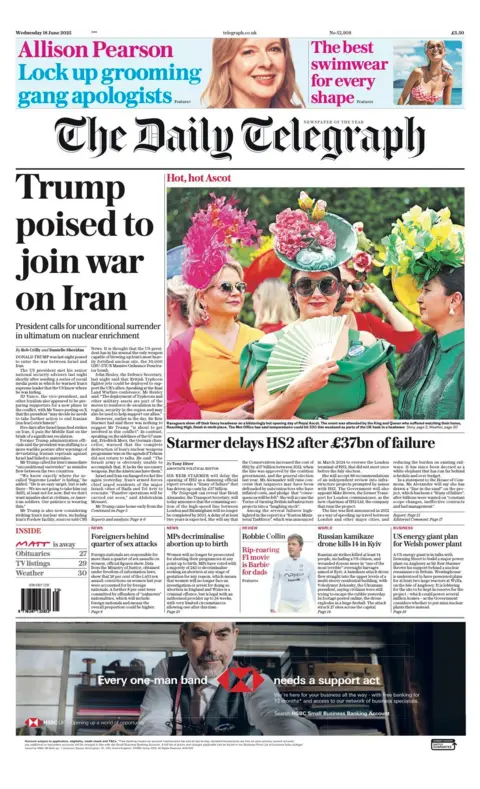 The headline on the front page of the Daily Telegraph reads: "Trump poised to join war on Iran".