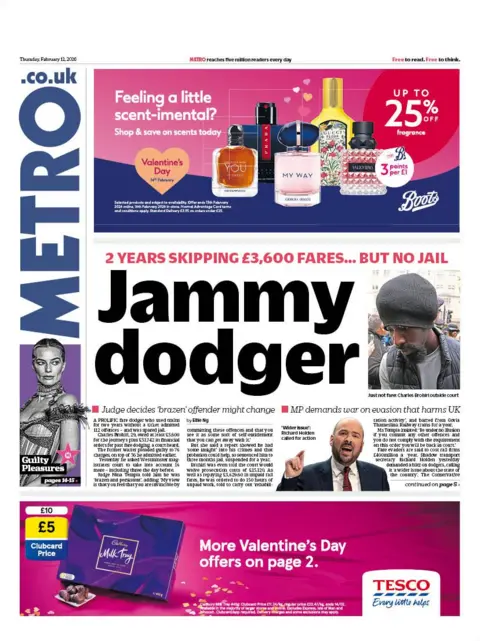 "Jammy dodger" reads the headline on the front page of Metro.