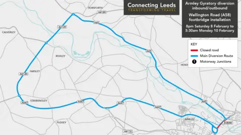 Leeds City Council A map of Leeds highlights the closed road in red. The diversion route is highlighted in blue.