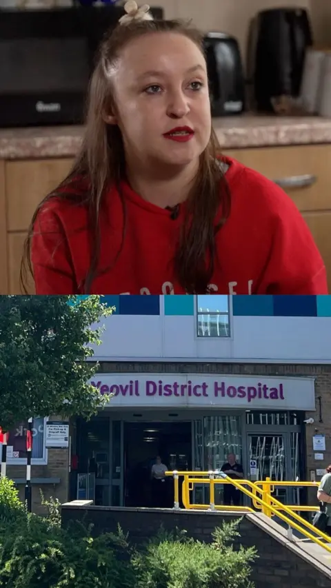 Split image - a woman in a red jumper with long brown hair and the outside of Yeovil district hospital.