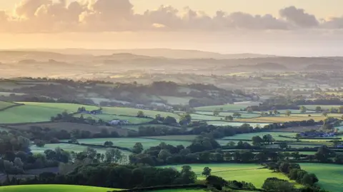 Wide open view of a patchwork of green fields in the Dorset countryside, with hills in the background.