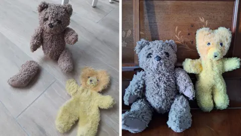 Two images side by side. On the left is a picture of two teddy bears, a brown teddy bear with its leg reattached and a yellow teddy bear lying flat with no stuffing. On the right is both bears after being mended.