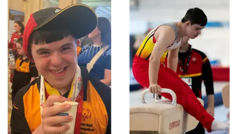 BBC/ Special Olympics a composite image of Adam Matchett, a young man with dark hair - on one image he is smiling broadly and surrounded by people, while in the other he is concentrating while using a piece of gymnastics equipment