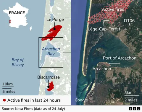 Split-panel graphic showing active wildfires in south-west France near Bordeux. The left panel is a map of the Arcachon Bay region, with red clusters marking fires recorded in the last 24 hours. The largest concentration lies between Lège-Cap-Ferret and Le Porge on the Atlantic coast, with a smaller cluster near Biscarrosse to the south. Bordeaux is labelled to the east. The right panel is a closer-in satellite image of the Arcachon Bay area. A dense band of red dots labelled “Active fires” stretches along the coastal forest north of Lège-Cap-Ferret, close to the D106 road. Arcachon and the Port of Arcachon are labelled on the southern side of the bay. Source: NASA FIRMS data as of 24 July