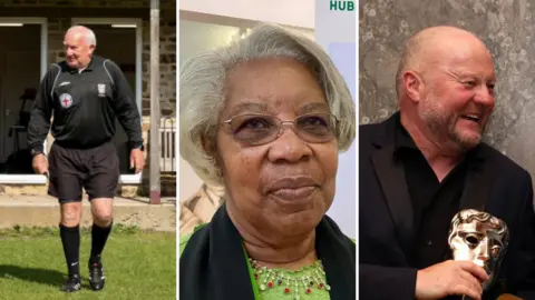 Three side-by-side images; on the left, an older man with white hair and a black referee uniform walks onto a grassy pitch. In the middle, an older woman with short white grey hair, a black scarf and a green top with a gold necklace looks straight ahead. On the right, a man with a short grey beard and a black suit jacket and shirt holds a gold mask trophy.