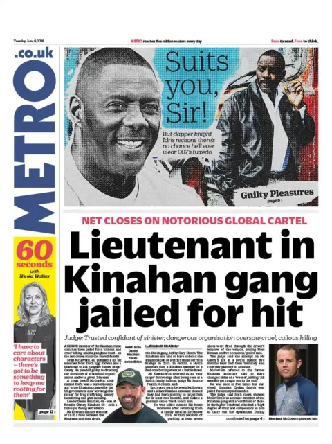 The headline on the front page of the Metro reads: “Lieutenant in Kinahan gang jailed for hit”.