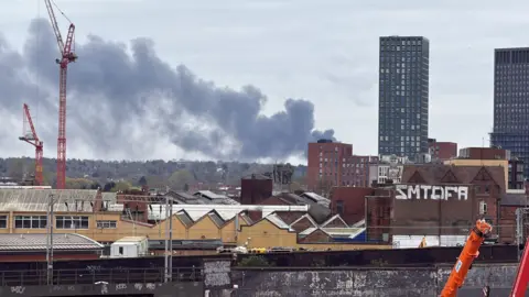 A city skyline with two blocks of flat to the right and multiple orange cranes in the sky above trees and houses.