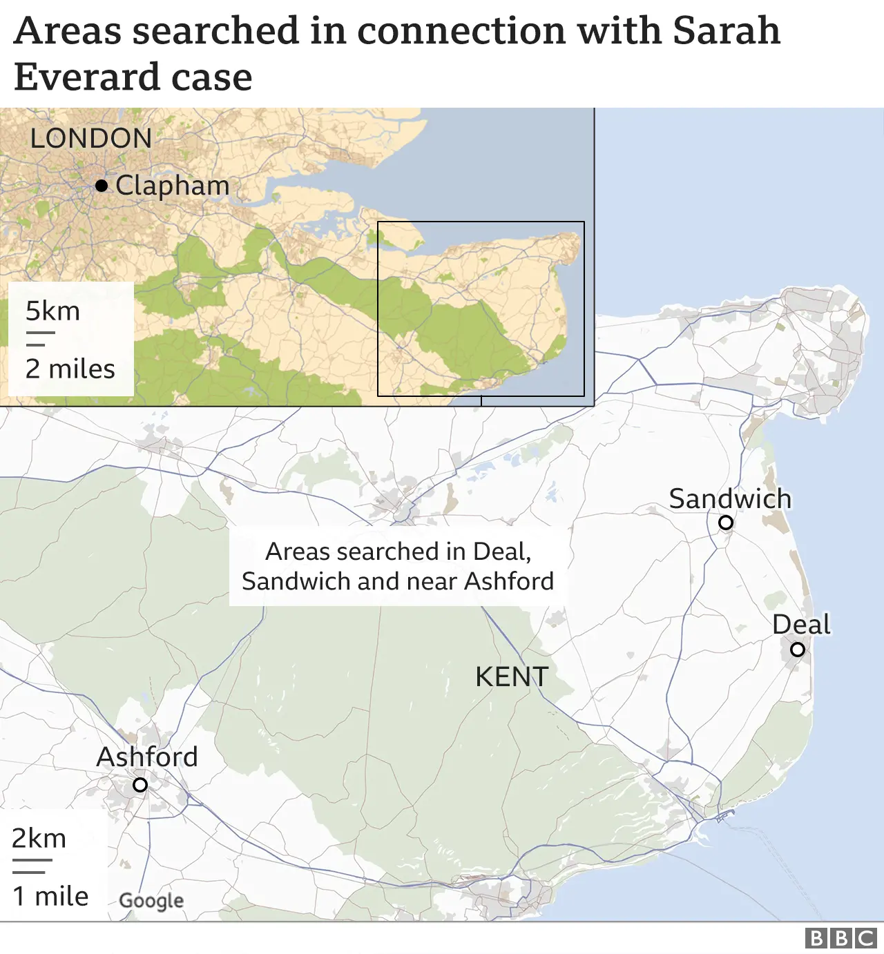 Map of areas being searched in Ashford, Sandwich and Deal
