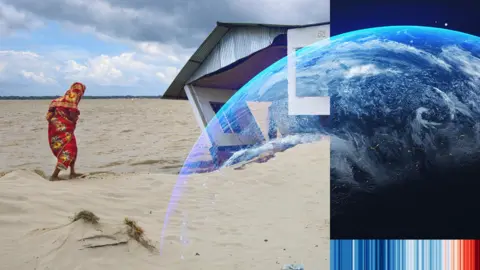 BBC A woman in Bangladesh by her destroyed home in a composite graphic image