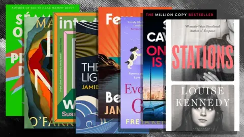 Collage of book covers of Few and Far Between by Jan Carson, One Of Us Is Guilty by Steve Cavanagh, Into The Wreck by Susannah Dickey, The Lightning by Jamie Guiney, Stations by Louise Kennedy, Everything's Grand by Freya Kennedy, Land by Maggie O'Farrell and Prestige Drama by Séamas O'Reilly.