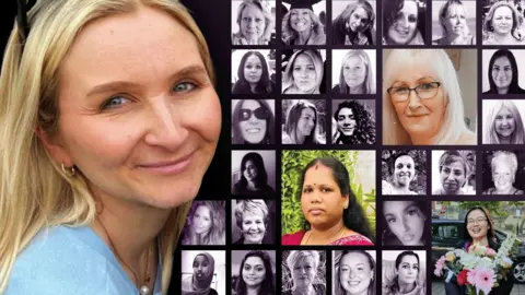 Composite image of some of the women killed by men in 2025, including Isobella Knight on the left, and colour photos of three other women