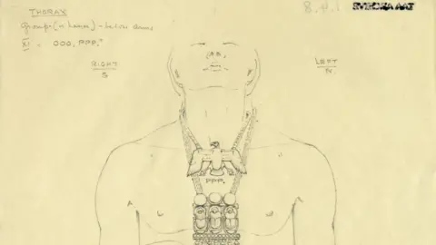 Griffith Institute/Howard Carter An autopsy drawing, done in pencil, that shows the body of Tutankhamun.