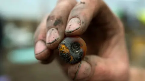 Cambridge Archaeological Unit Bronze Age amber bead in archaeologist's hand