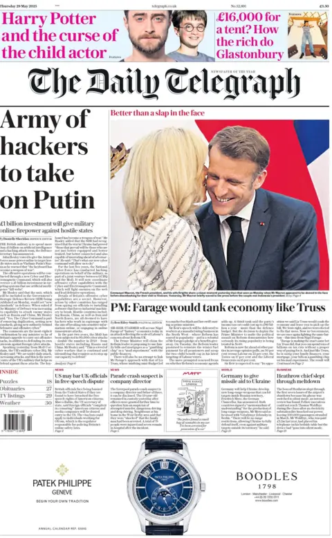 The headline on the front page of the Daily Telegraph reads "army of hackers to take on Putin".