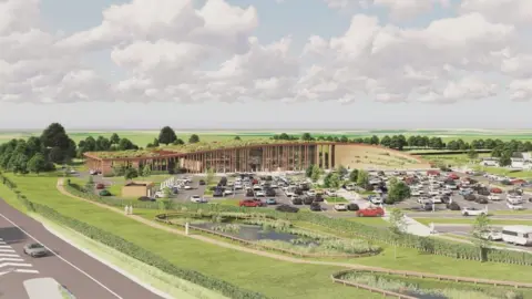 An artist's impression of how the services at Kirkby Hill (x) could look - with a grassy area in front and a wooden screened services building with a green roof, and a car park. The motorway runs along the side.