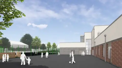 Watson Batty Architects A CGI image of a new school with white silhouettes of children on the play area