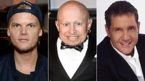 Getty Images/BBC Avicii, Verne Troyer and Dale Winton