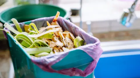 A food waste caddy full of vegetable peel next to a sink. 