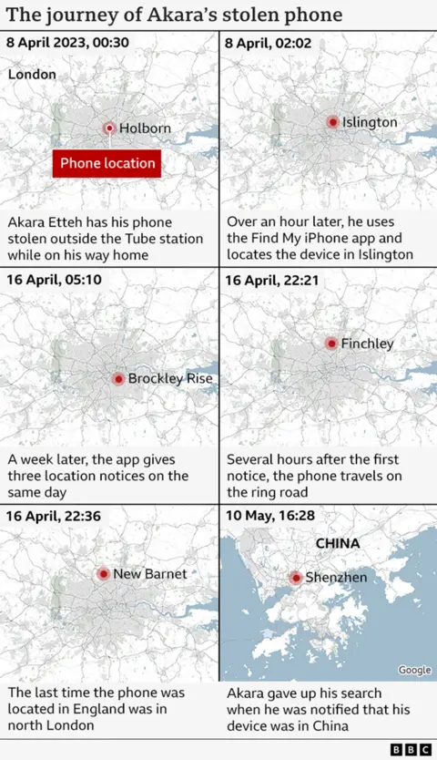 Peta yang menunjukkan lokasi telefon muncul di seluruh London, sebelum muncul di China.