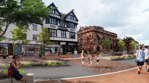 An artist's impression of what English Street would look like. Shops line on side of the street. There is a plaza with flower beds out front.