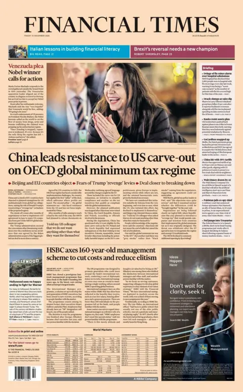 The headline on the front page of the Financial Times reads: “China leads resistance to US carve-out on OECD global minimum tax regime".