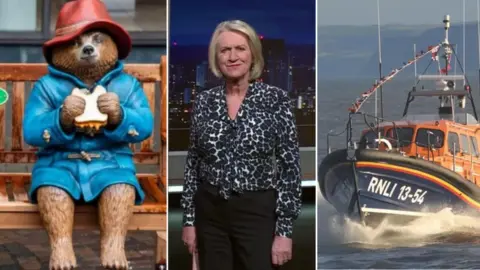 A composite image of Paddington Bear, Sally Taylor and a lifeboat