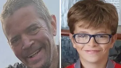 Two images separated by a white line. One is of a man. The other is of a boy wearing glasses and a red and grey top. 