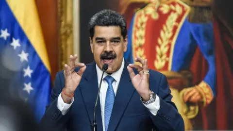 Getty Images President of Venezuela Nicolas Maduro speaks during a press conference at Miraflores Palace on February 14, 2020 in Caracas, Venezuela