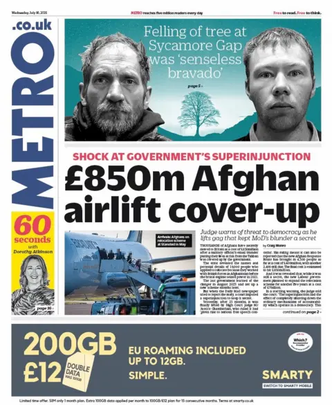 The headline on the front page of the Metro reads: "£850m Afghan airlift cover-up".