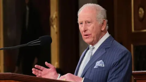 King Charles gestures as he stands delivering his address to Congress. He is seen mid speech wearing a navy blue striped suit, infront of a microphone