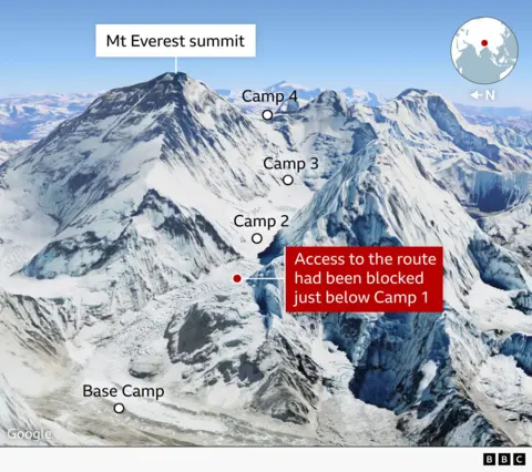 A map shows a route up Mount Everest 