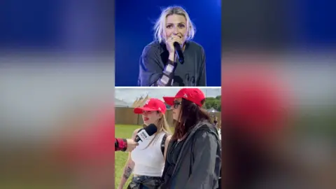 Composite image of Emily Armstrong holding a microphone and two female fans being interviews wearing red hats