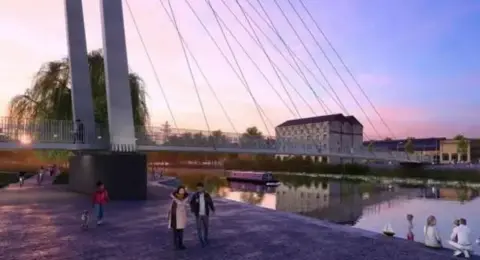 Peterborough City Council An artist's impression of a large white bridge providing a walkway over a river. The river has a barge on it and a large warehouse is in the distance. People are walking beneath the bridge along the river, with a couple and young family playing near the water. 