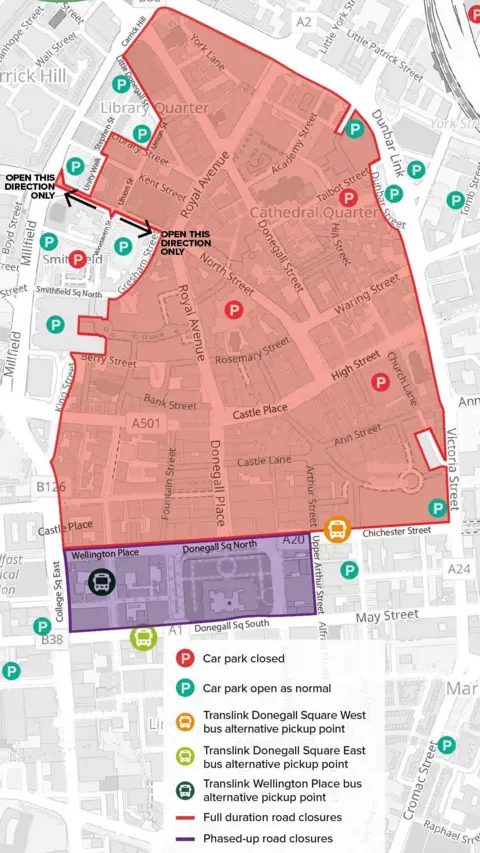 Belfast City Council A map showing Belfast streets. An area is highlighted in red to show which roads will be fully closed during the Fleadh. A smaller area is highlighted purple which under current plans will experience phased road closures.