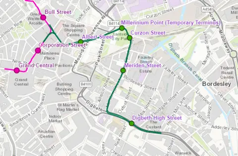 Midland Metro Alliance A map showing the Eastside extension route with stops at Albert Street, Millennium Point, Curzon Street, Meriden Street and Digbeth High Street. 