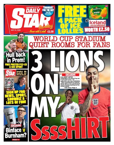 The headline on the front page of the Daily Star reads: "3 lions on my Sssshirt."