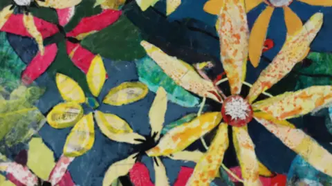 Phil Batty A Yellow and red floral collage which includes a dark green background. 