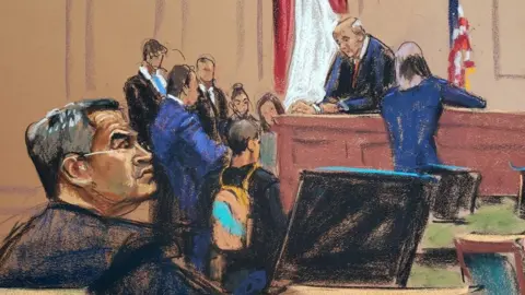 Reuters Honduras ex-President Juan Orlando Hernandez attends his trial on U.S. drug trafficking charges in federal court in the Manhattan borough of New York City, U.S., February 20, 2024 in this courtroom sketch.